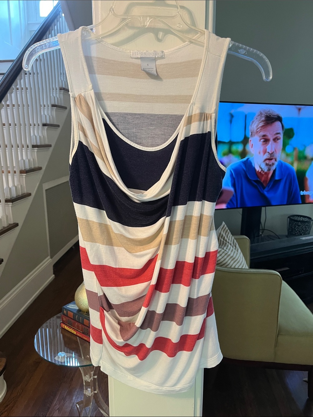 Striped Drape Front Sleeveless Top - White, Navy & Red